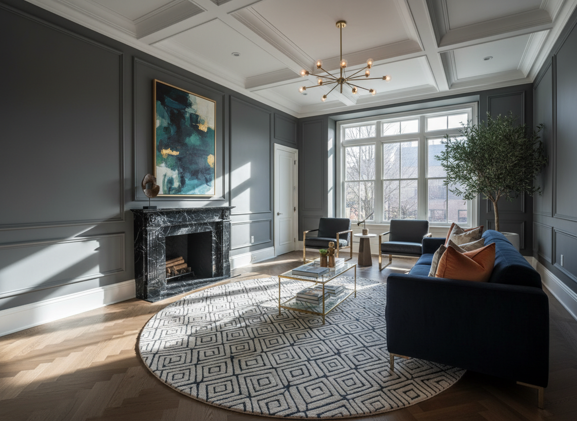 A stunning, luxurious modern living room interior, freshly painted in deep sophisticated tones, high-end furniture, dramatic natural light, elegant crown molding and trim