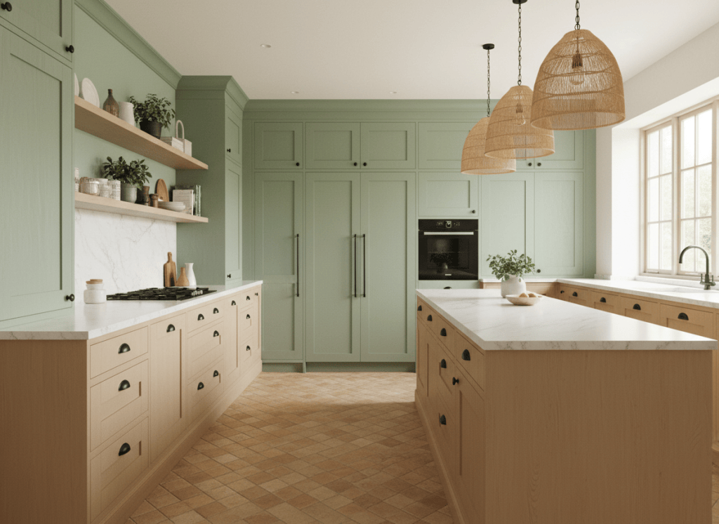 Sage green and natural wood kitchen with marble countertops