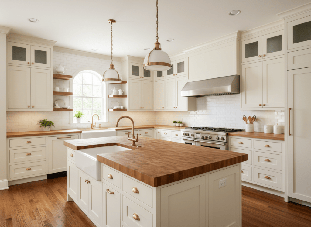 Warm white shaker cabinet kitchen with brass hardware and butcher block island
