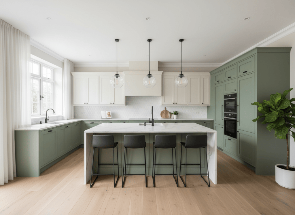 Sage green and cream two-tone kitchen with marble island and bar stools