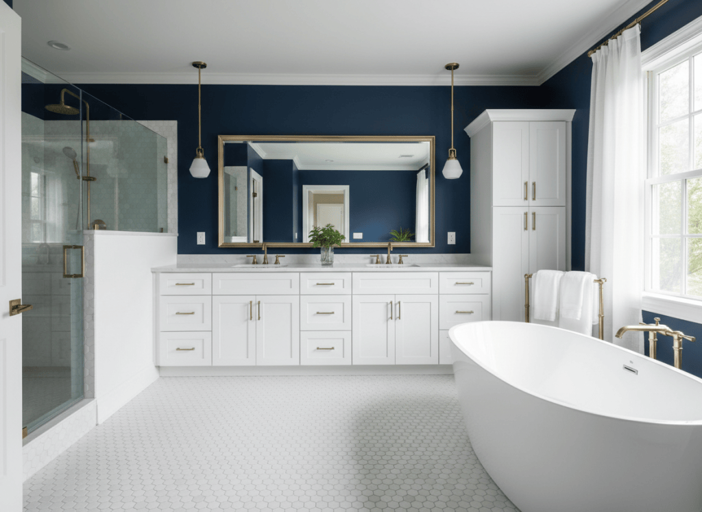 Navy blue bathroom with white shaker cabinets, brass fixtures and freestanding soaker tub