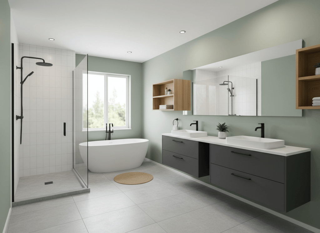 Sage green bathroom with charcoal floating vanity, matte black fixtures and freestanding tub