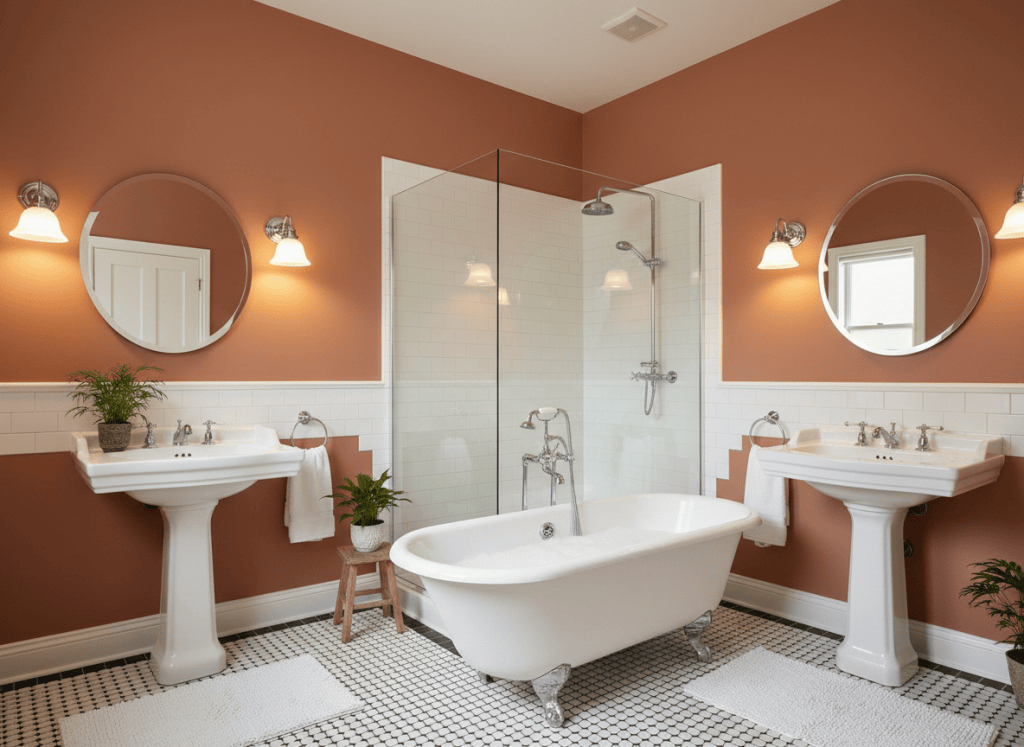 Warm terracotta bathroom with clawfoot tub, pedestal sinks and chrome fixtures
