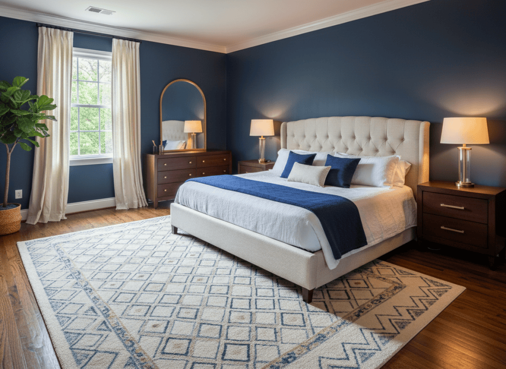 Deep navy blue bedroom with king upholstered bed and brass accents