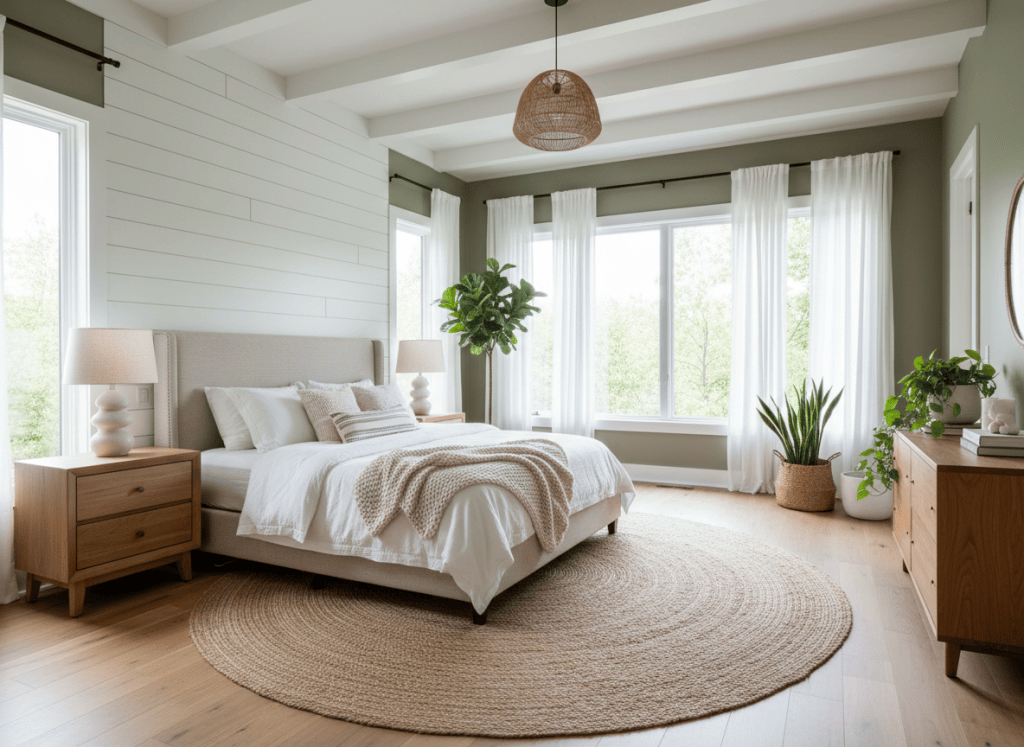 Sage green bedroom with queen platform bed and natural wood furniture