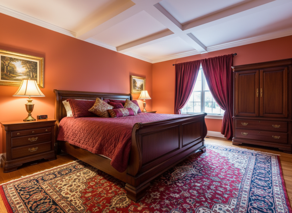 Warm terracotta bedroom with king sleigh bed and vintage brass accents