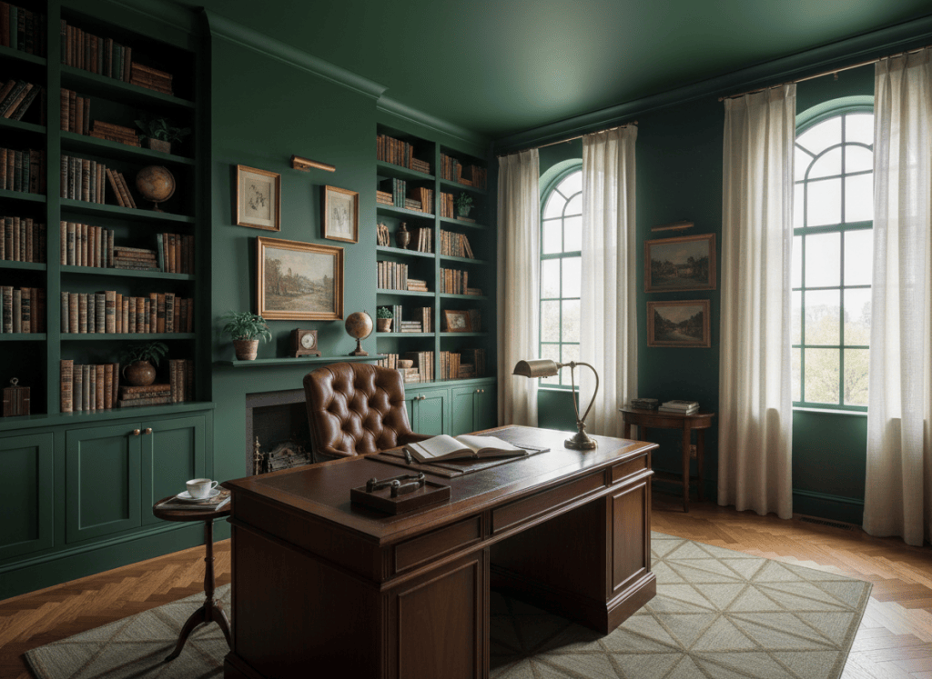 Deep forest green home office with dark walnut built-ins, leather chair and brass accents