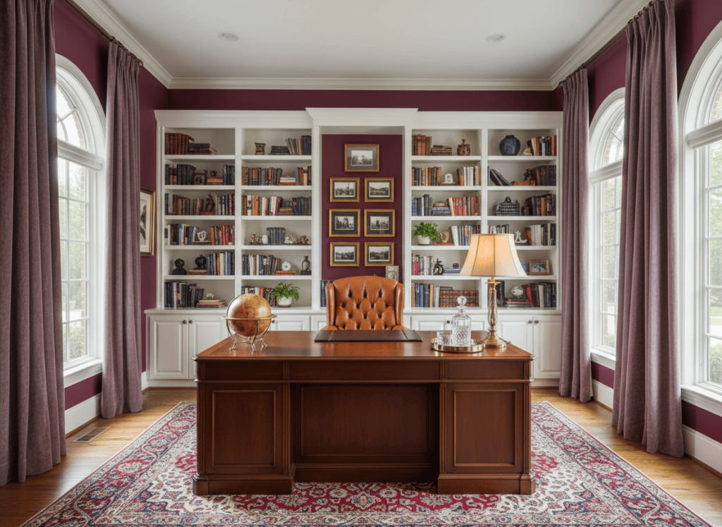 Rich burgundy home office with mahogany desk, tufted leather chair and built-in bookshelves