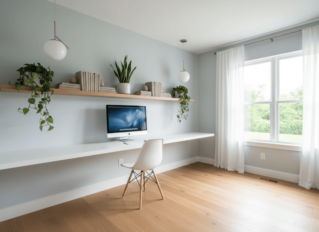 Soft blue-gray home office with white floating desk, minimalist shelving and plants