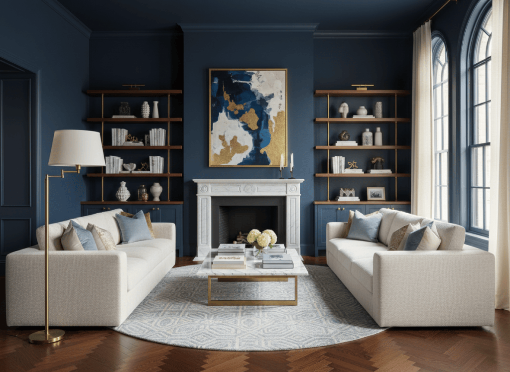 Deep navy blue living room with cream sofas, marble fireplace and brass shelving
