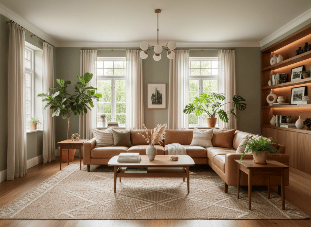 Sage green living room with tan leather sectional, natural wood coffee table and plants