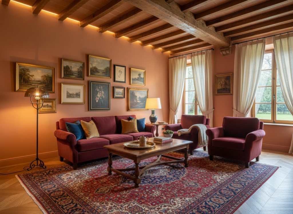 Warm terracotta living room with burgundy velvet sofa, Persian rug and exposed wood beam ceiling