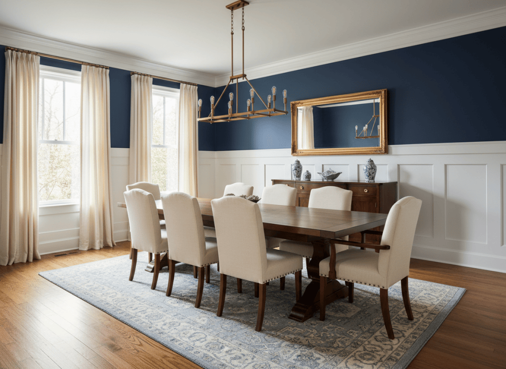 Deep navy blue dining room with dark walnut trestle table, upholstered chairs and brass chandelier