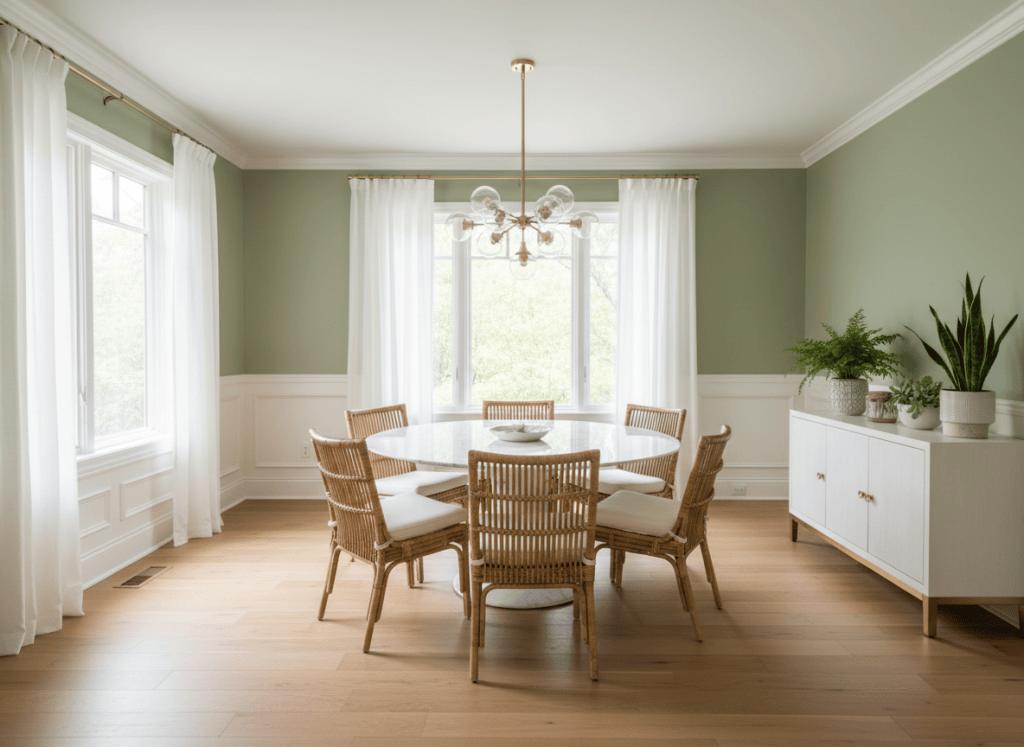 Sage green dining room with round marble table, rattan chairs and brass chandelier