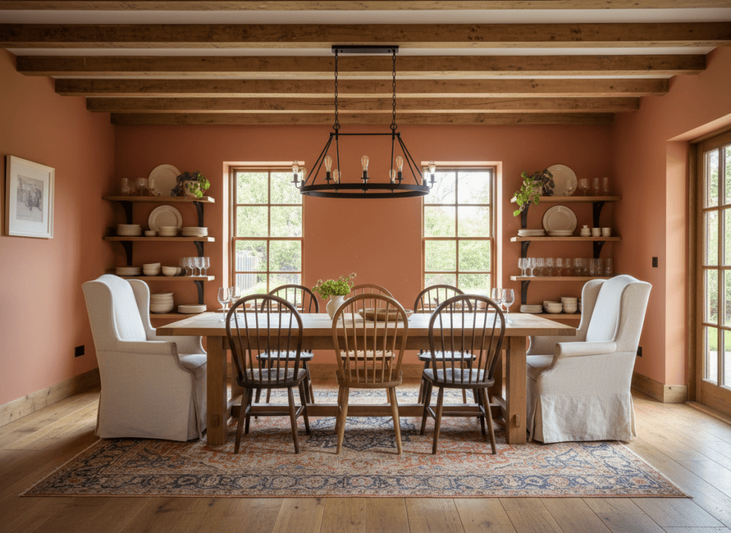 Rich terracotta dining room with farmhouse oak table, wrought iron chandelier and exposed wood beams