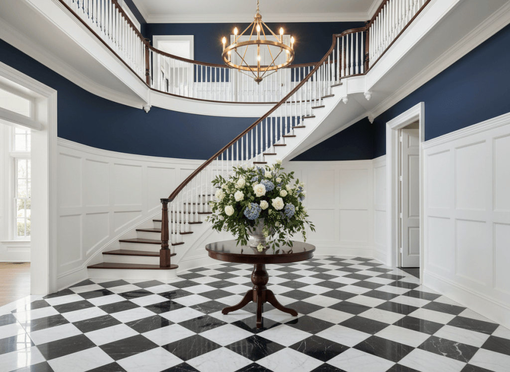 Grand curved staircase with deep navy blue accent wall, white wainscoting and checkered marble floors