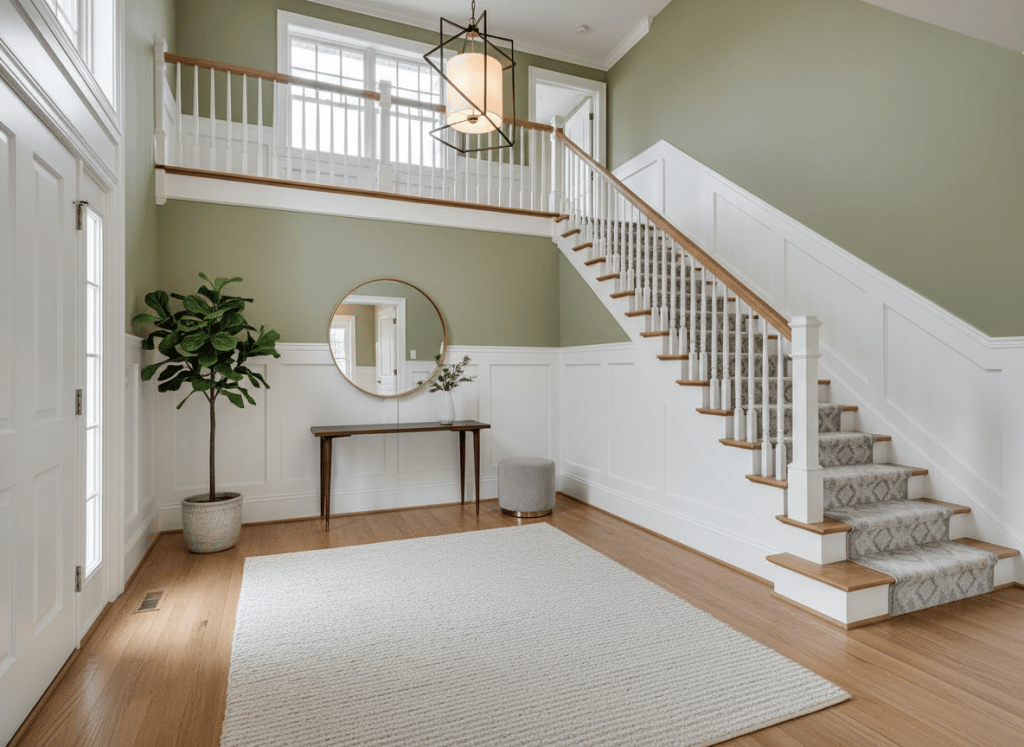 Bright sage green foyer with straight staircase, white wainscoting, round mirror and oak hardwood floors