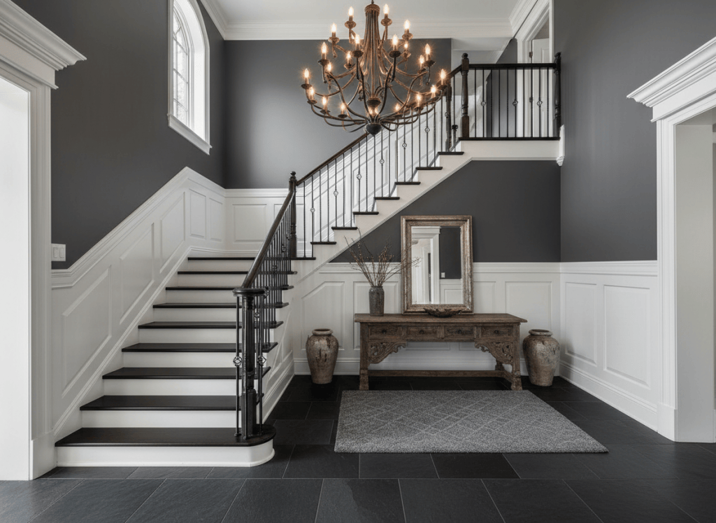 Dramatic charcoal gray foyer with L-shaped staircase, white wainscoting, wrought iron chandelier and black slate floors