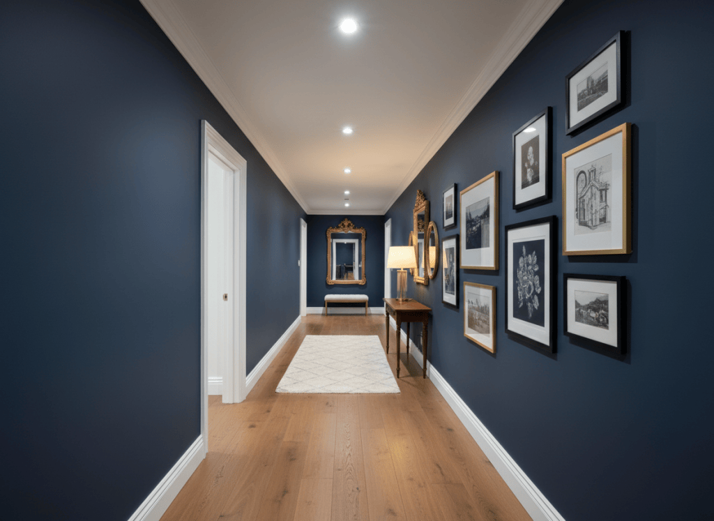 Deep navy blue hallway with gallery wall, gold mirrors, console table and oak hardwood floors