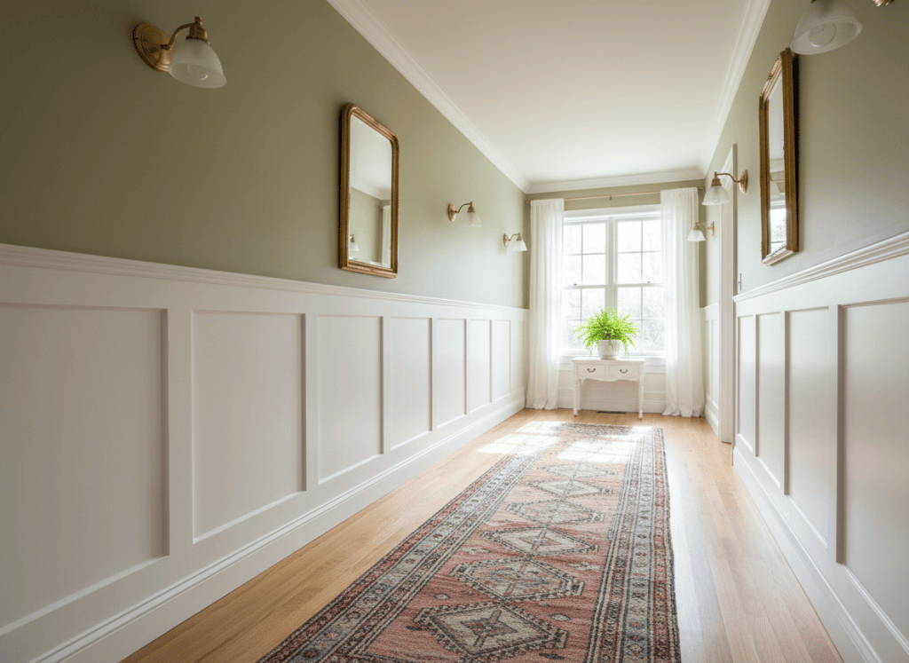 Sage green hallway with white wainscoting, brass wall sconces, gold mirrors and Persian runner rug