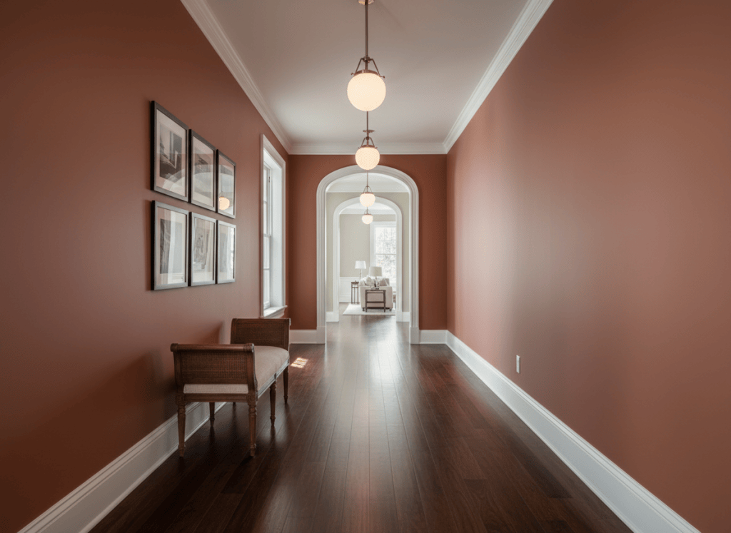 Rich terracotta hallway with dark walnut floors, pendant globe lights and arched doorway